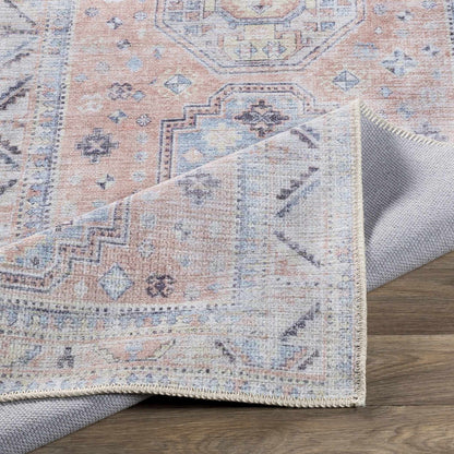 Morcott Peach washable area rug with peach and blue oriental motifs, Boutique Rugs on Tampa Home & Garden Store