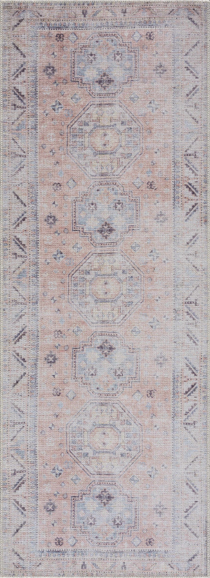 Morcott Peach Washable Area Rug by Boutique Rugs in peach and blue-gray medallion pattern on Tampa Home & Garden Store