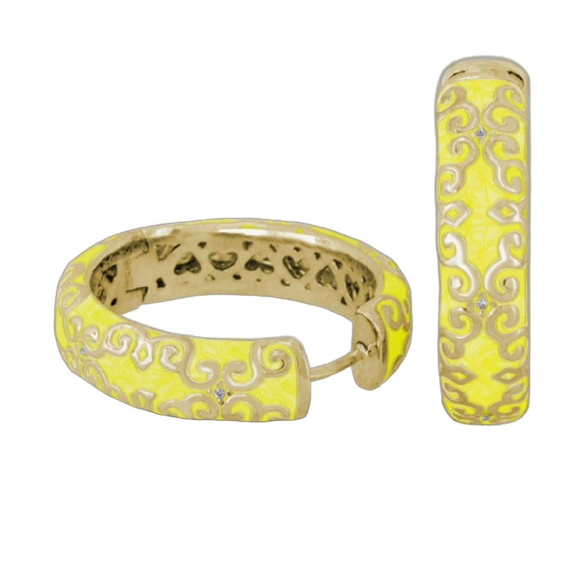 Moroccan Enamel Hoop Earrings in bright yellow with gray scrollwork by Lauren G Adams on Tampa Home & Garden Store