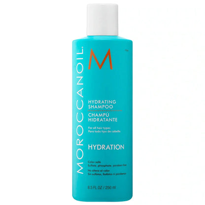 Moroccanoil Hydrating Shampoo bottle in turquoise with white cap and orange M logo, 250 ml on Tampa Home & Garden Store