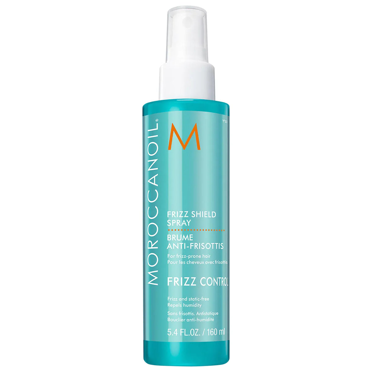 Moroccanoil Frizz Shield Spray hair styling spray bottle in turquoise with white pump, 160 ml on Tampa Home & Garden Store.