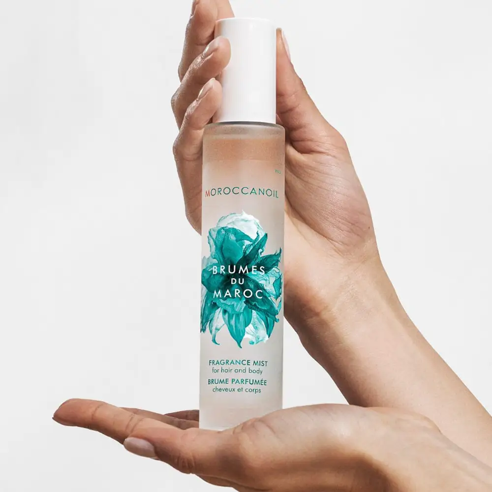 Moroccanoil Brumes du Maroc Fragrance Mist bottle with frosted glass and teal label on Tampa Home & Garden Store