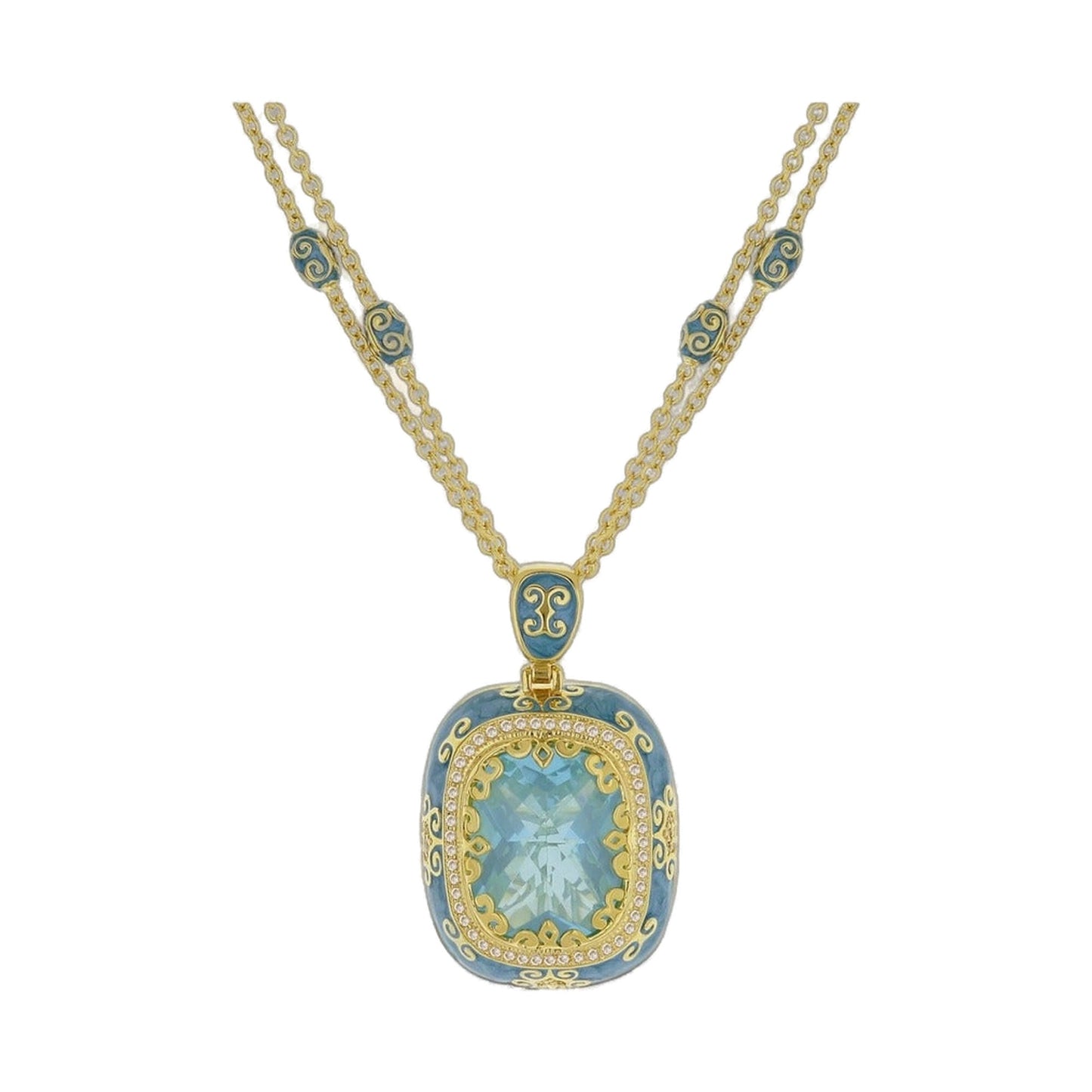 Moroccan Pendant Necklace with blue enamel beads on a gold-tone chain and a large ornate pendant on Tampa Home & Garden Store
