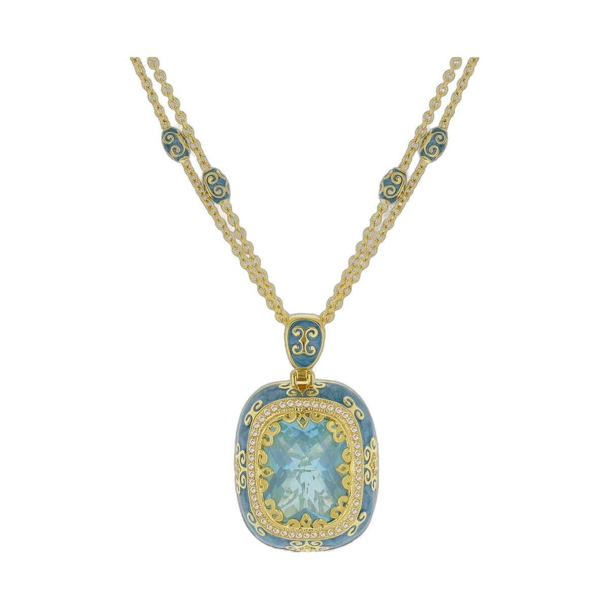 Moroccan Pendant Necklace with blue enamel beads on a gold-tone chain and a large ornate pendant on Tampa Home & Garden Store