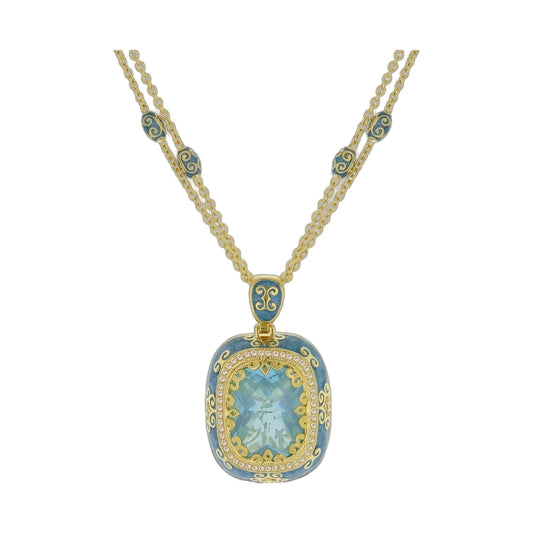 Moroccan Pendant Necklace with blue enamel beads on a gold-tone chain and a large ornate pendant on Tampa Home & Garden Store
