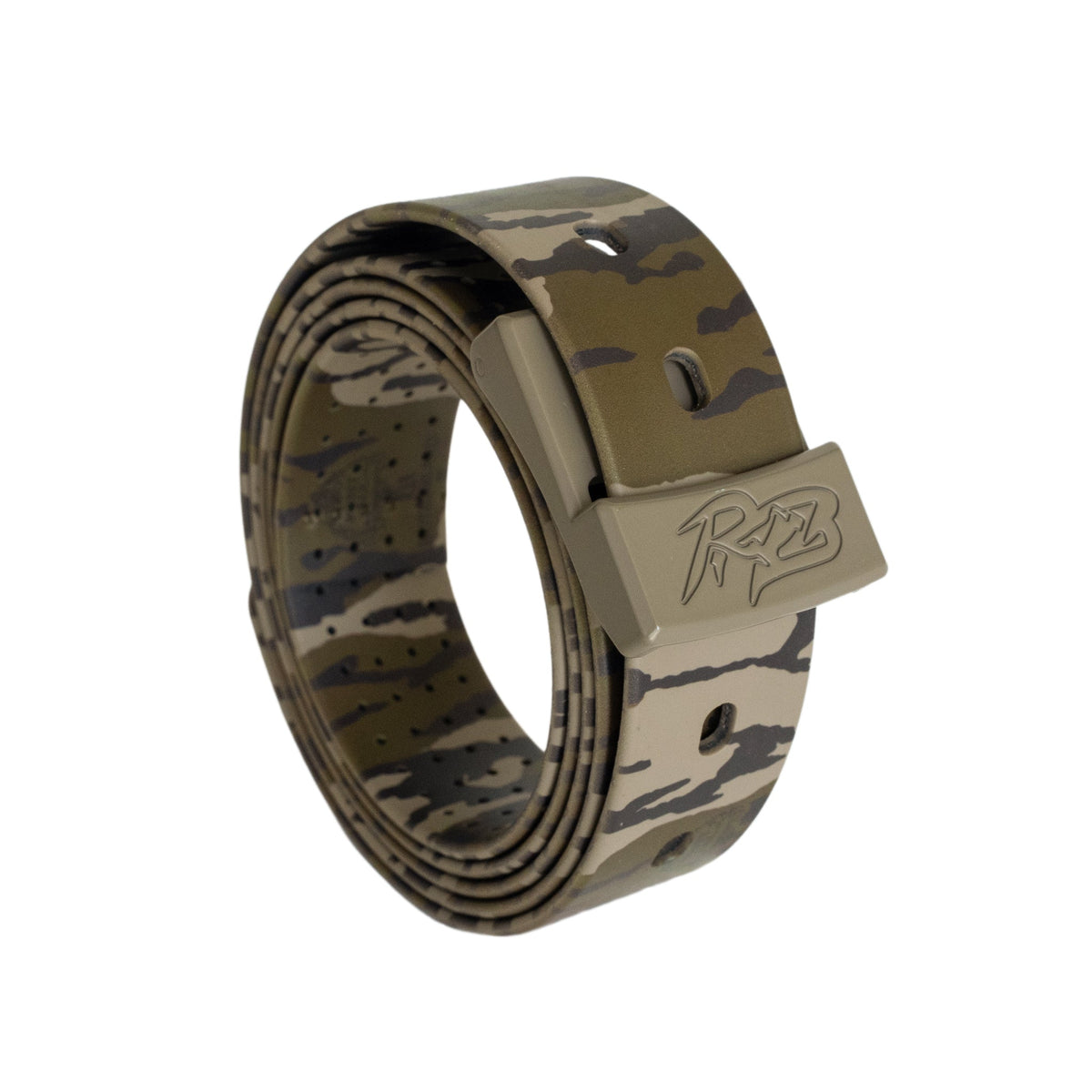 MTN Lite Belt Ridge Belts camo strap with tan buckle, coiled on Tampa Home & Garden Store
