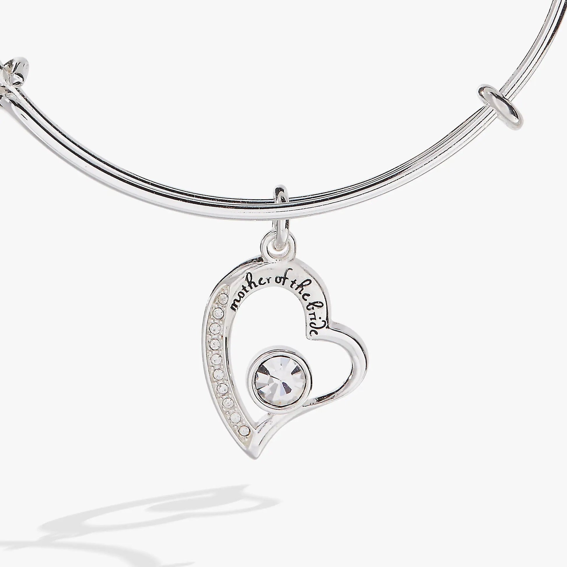 Mother of the Bride Bangle by Alex and Ani, silver bracelet with crystal heart charm on Tampa Home & Garden Store