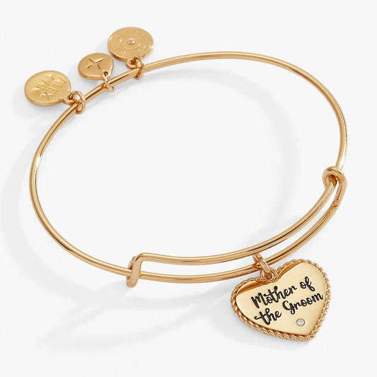 ALEX AND ANI Mother of the Groom heart bangle in rose gold with engraved disc charms on Tampa Home & Garden Store
