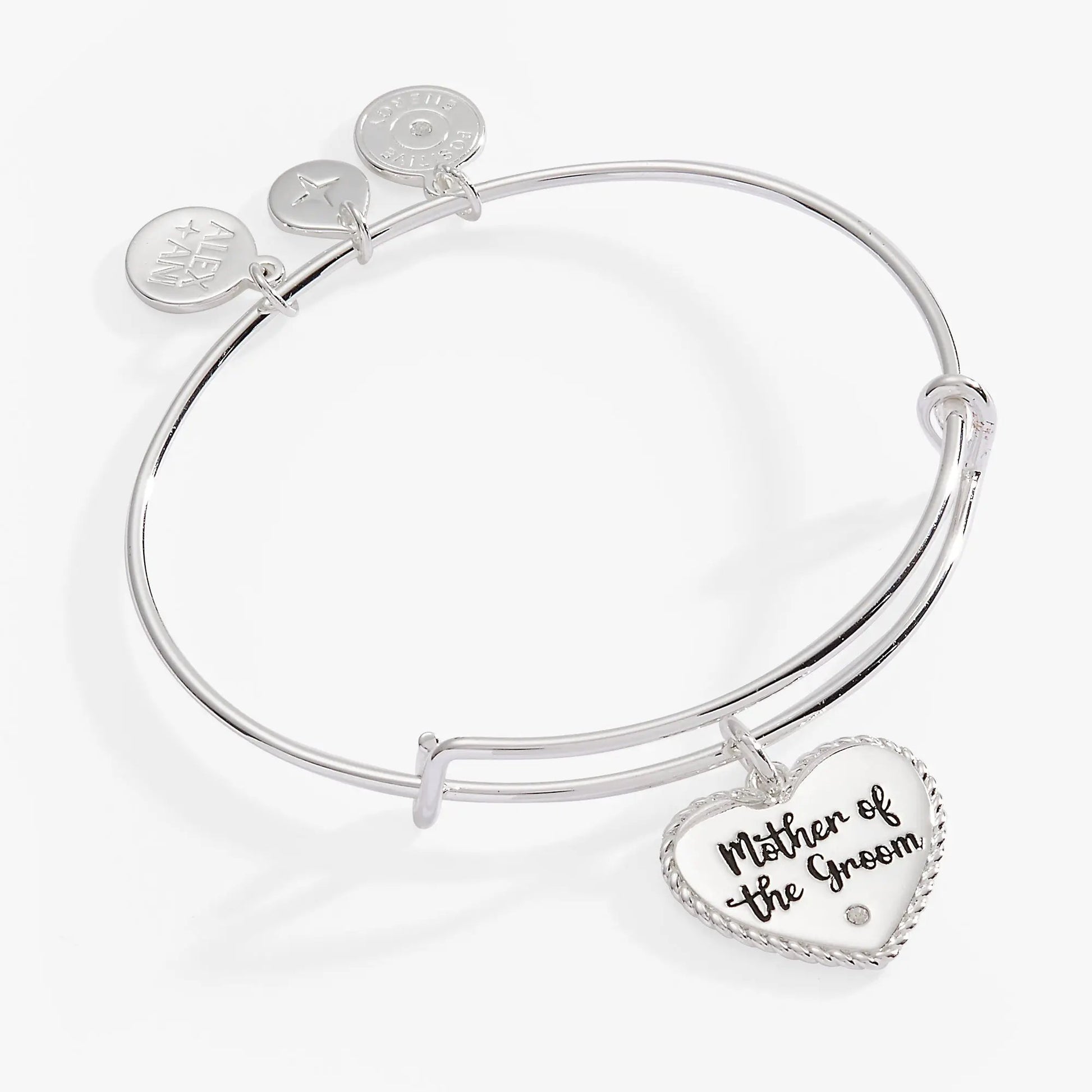 Mother of the Groom heart bracelet by ALEX AND ANI in silver with engraved round tag on Tampa Home & Garden Store