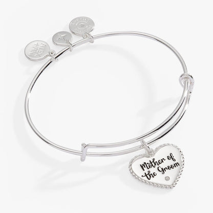 Mother of the Groom heart bracelet by ALEX AND ANI in silver with engraved round tag on Tampa Home & Garden Store