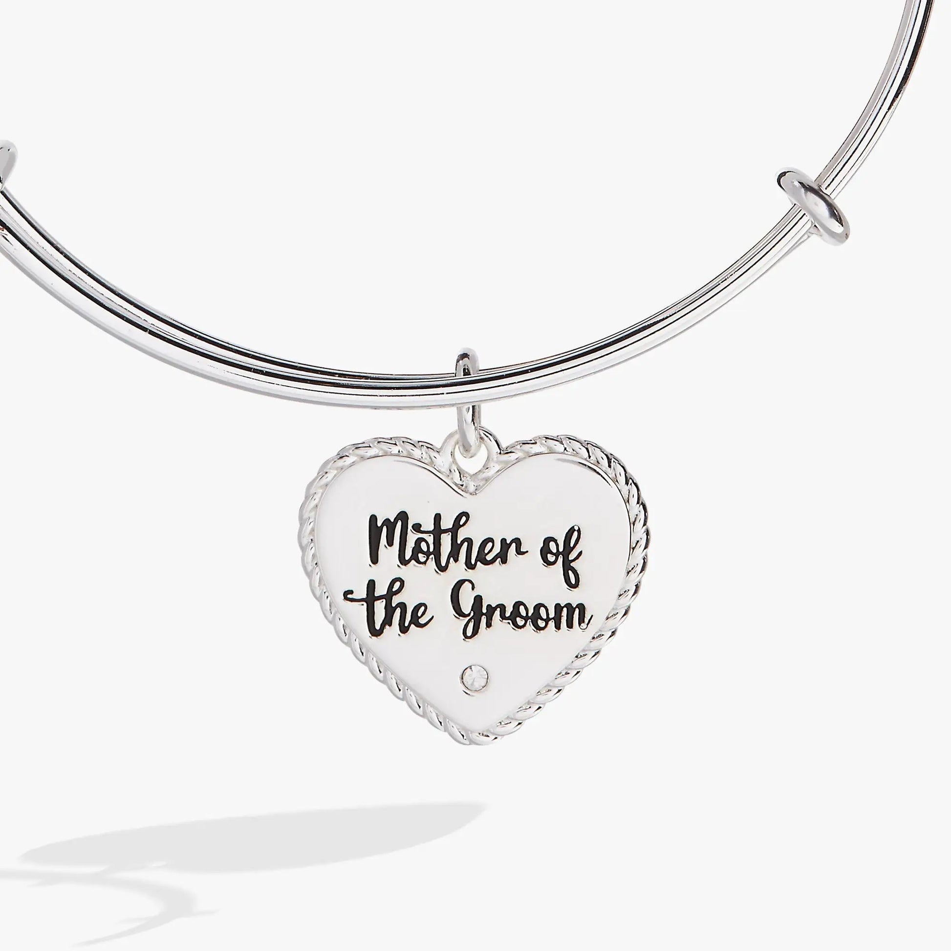 Mother of the Groom Heart Bangle by Alex and Ani in silver tone with braided heart charm on Tampa Home & Garden Store