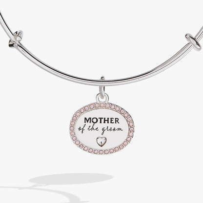 Mother of the Groom Bangle with circular pink-stone rim charm on a silver open bracelet on Tampa Home & Garden Store