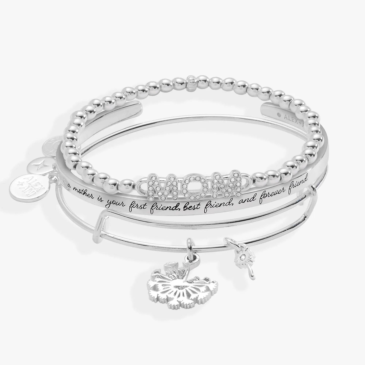 ALEX AND ANI Mom Dandelion Bangle Set of 3 silver bracelets with beaded band and dandelion charm on Tampa Home & Garden Store