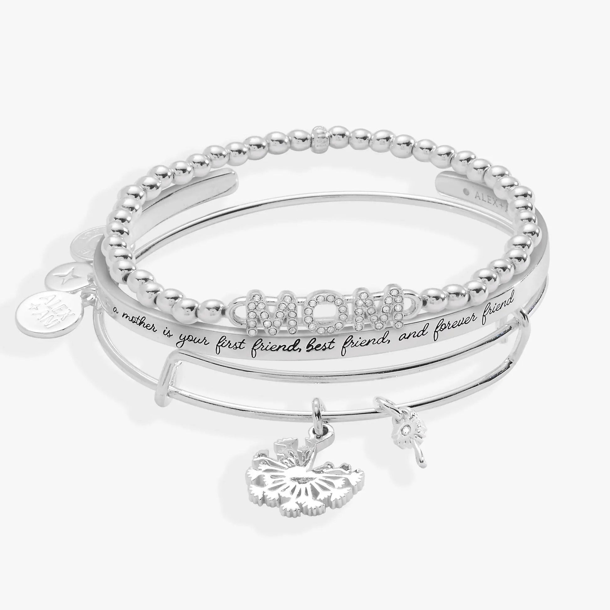 ALEX AND ANI Mom Dandelion Bangle Set of 3 silver bracelets with beaded band and dandelion charm on Tampa Home & Garden Store
