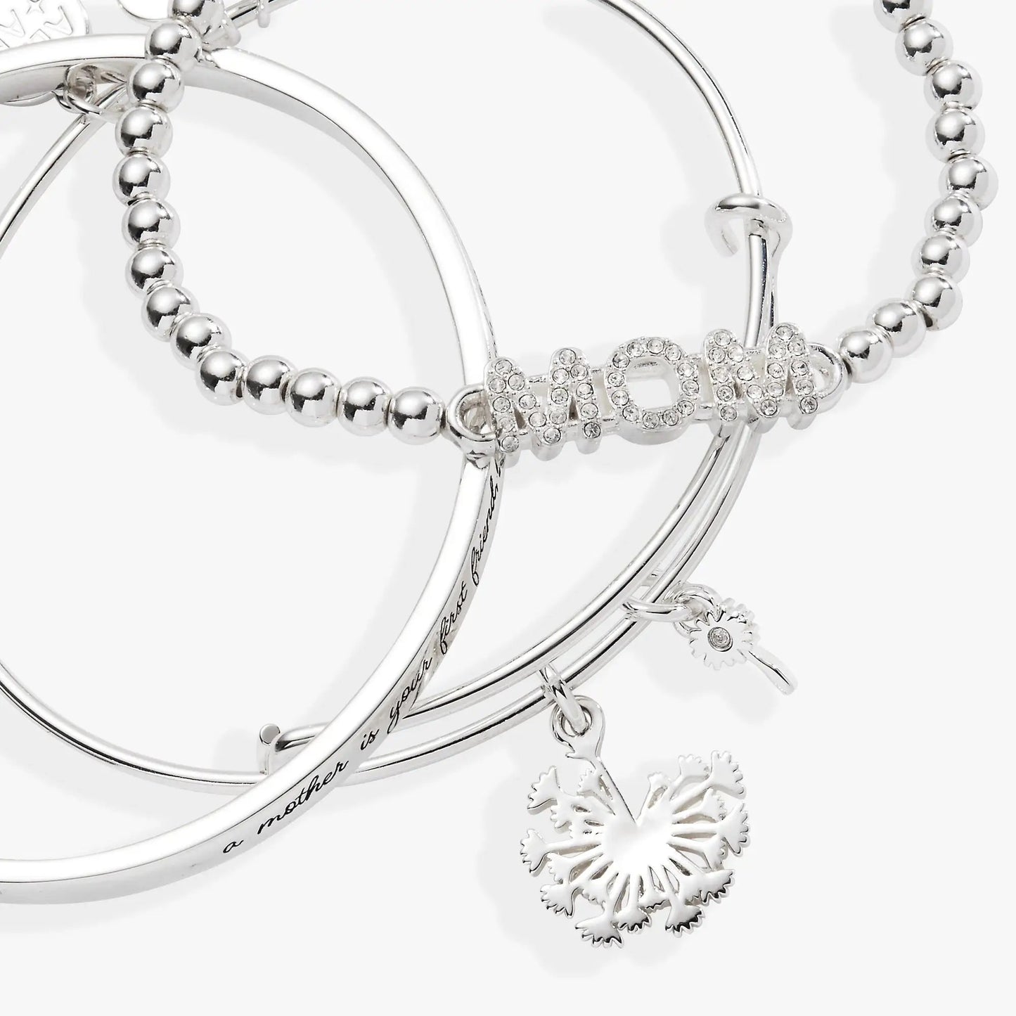 Mom Dandelion Bangle Set of 3 by ALEX AND ANI, silver tone bracelets with pavé dandelion charms on Tampa Home & Garden Store