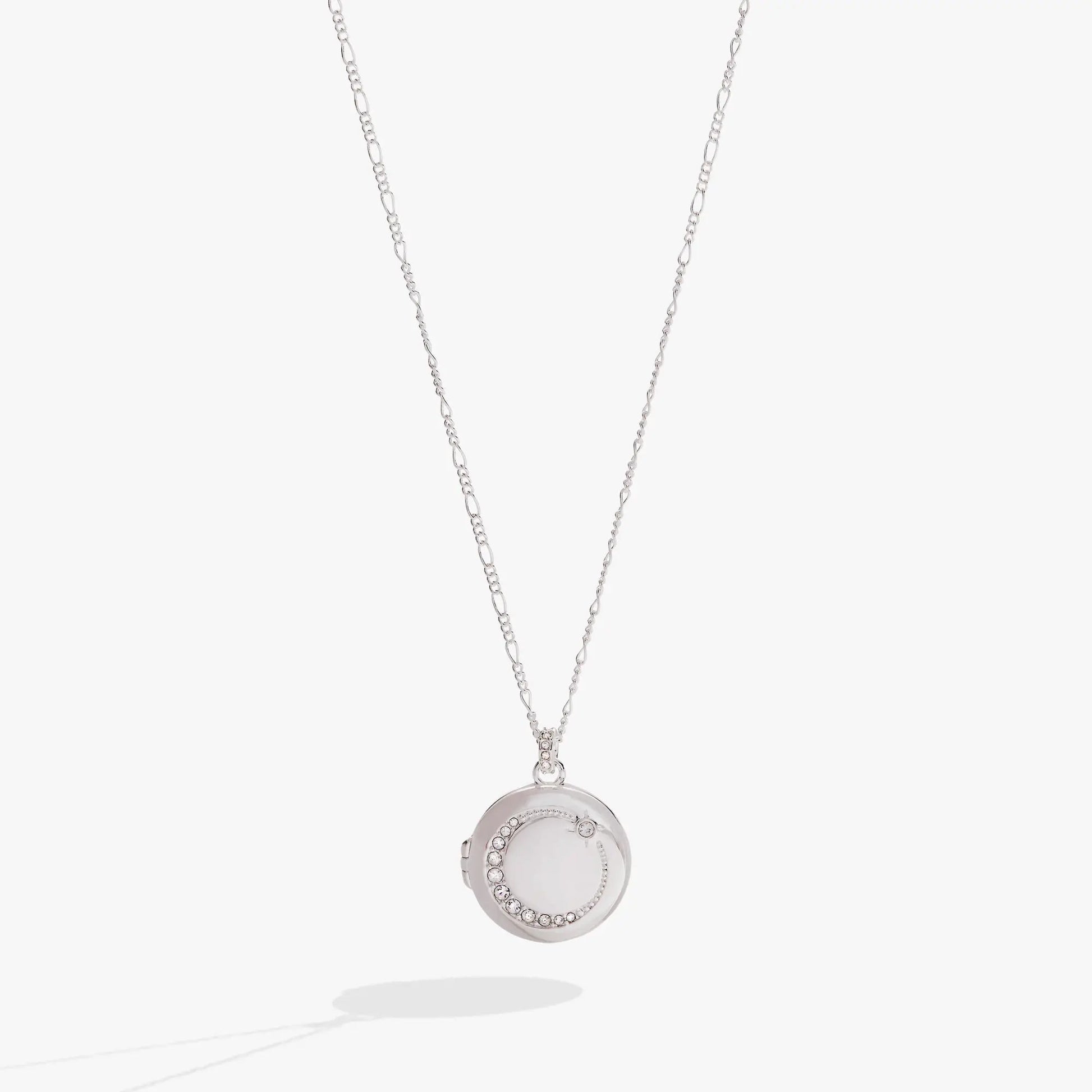 Mother Locket Necklace by ALEX AND ANI, silver chain with crystal-edged white locket on Tampa Home & Garden Store