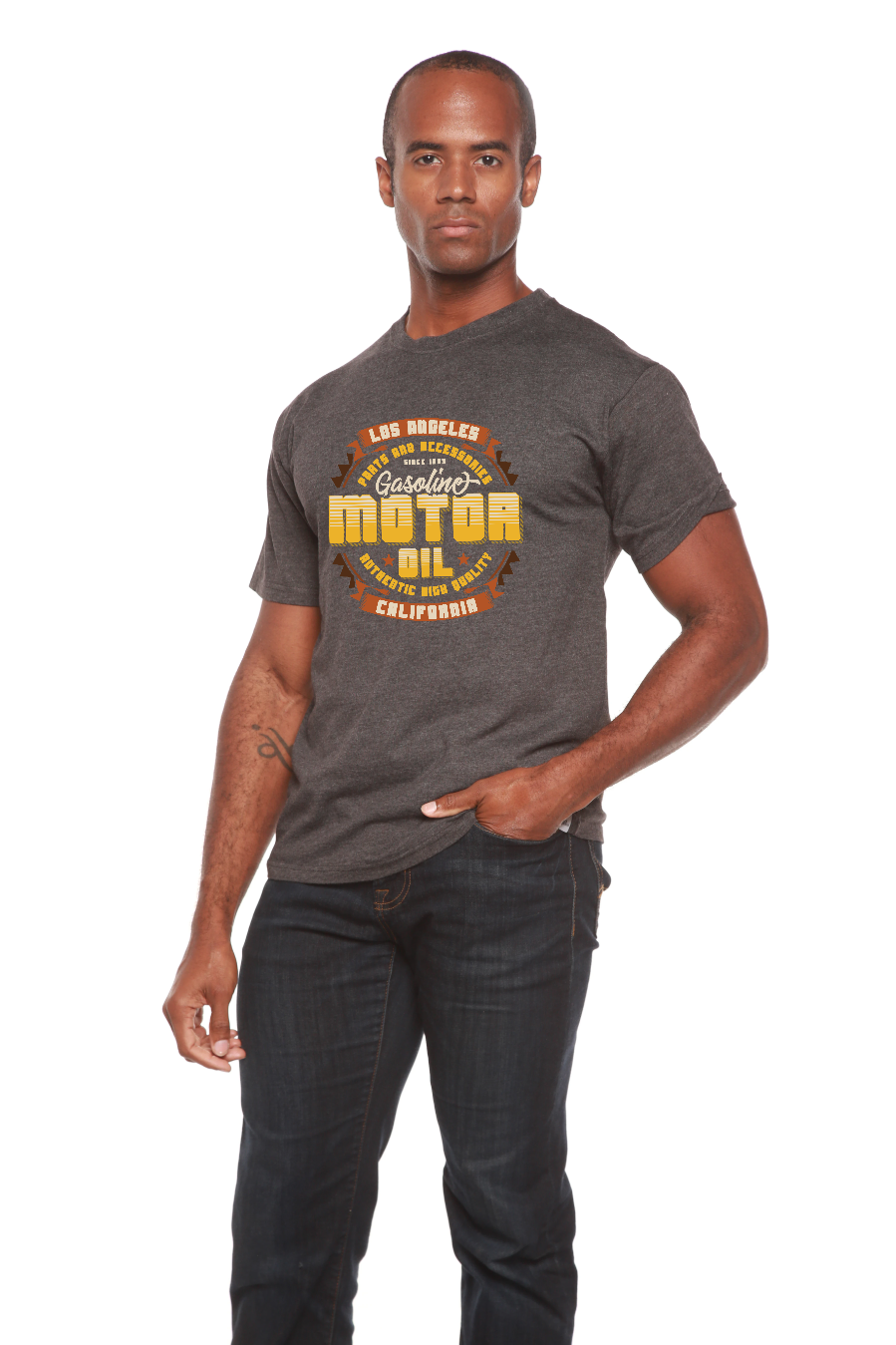 Motor oil graphic tee, men's short sleeve in charcoal with a vintage gasoline badge design on Tampa Home & Garden Store