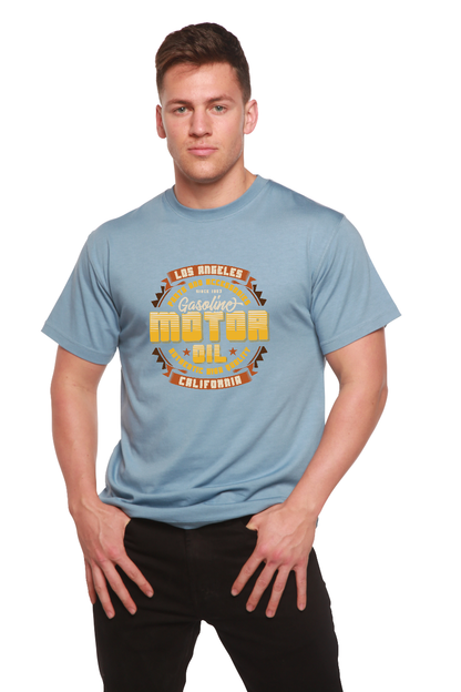 Men's bamboo viscose graphic tee in light blue with motor oil logo by Spun Bamboo on Tampa Home & Garden Store