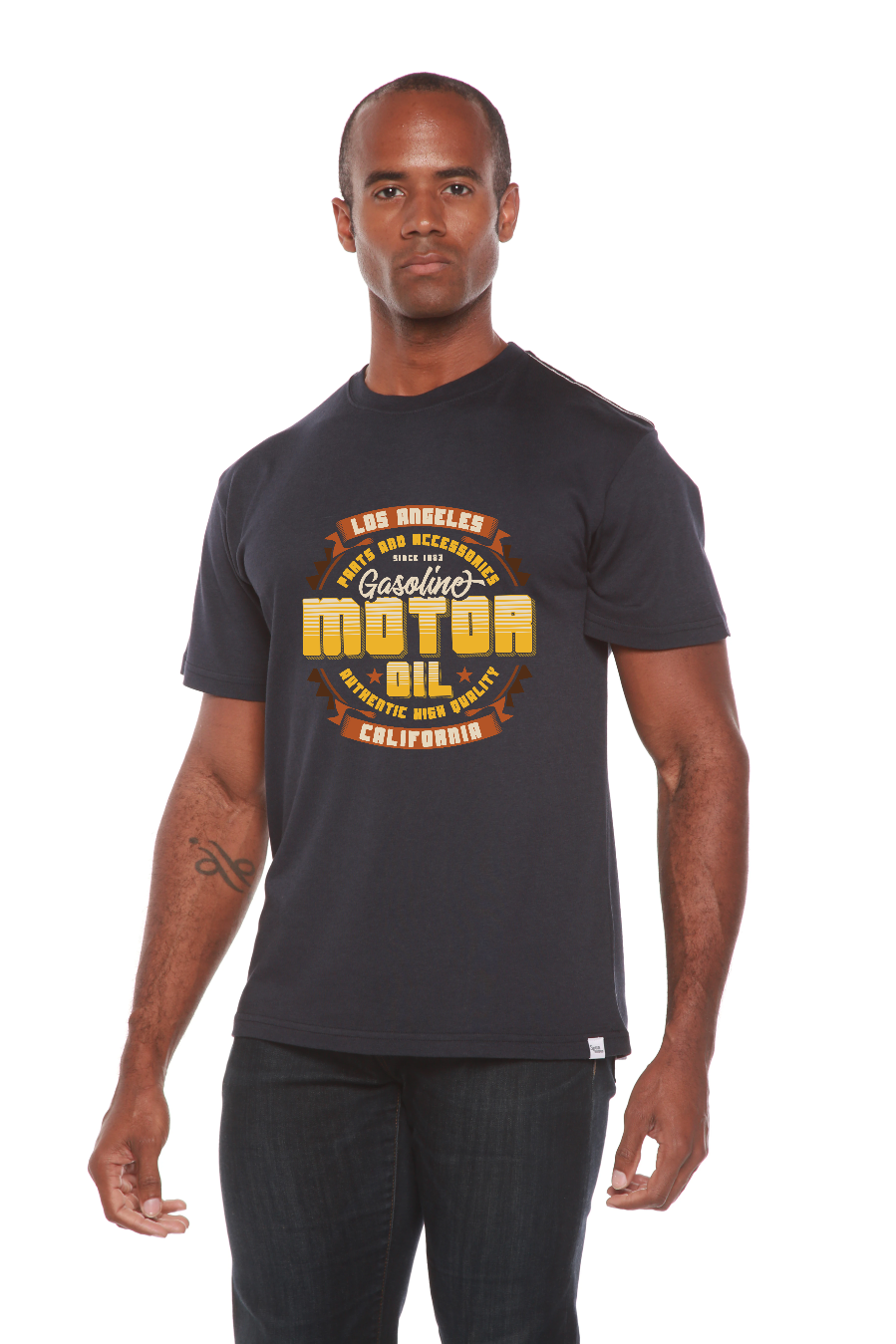 Motor oil graphic T-shirt navy bamboo viscose/organic cotton with Gas badge by Spun Bamboo on Tampa Home & Garden Store