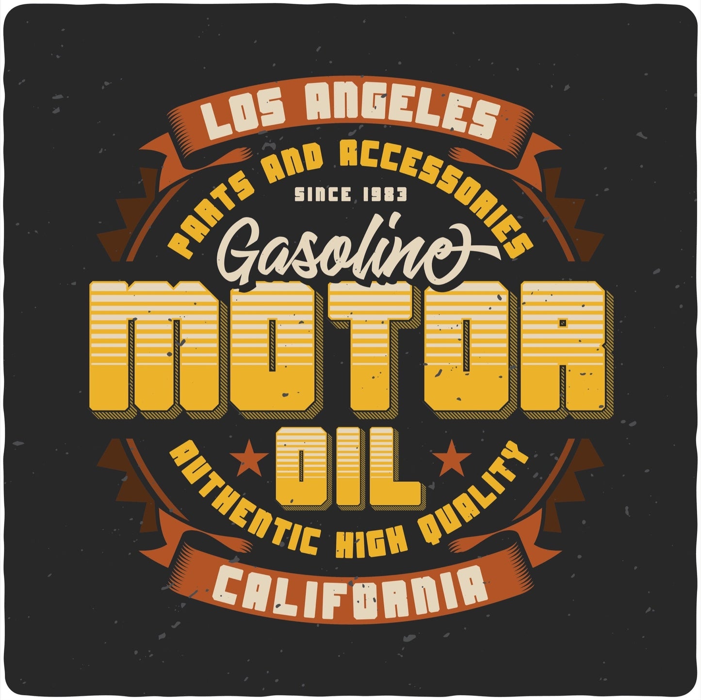 Mens motor oil graphic tee with CALIFORNIA lettering and Los Angeles ribbon on black background on Tampa Home & Garden Store