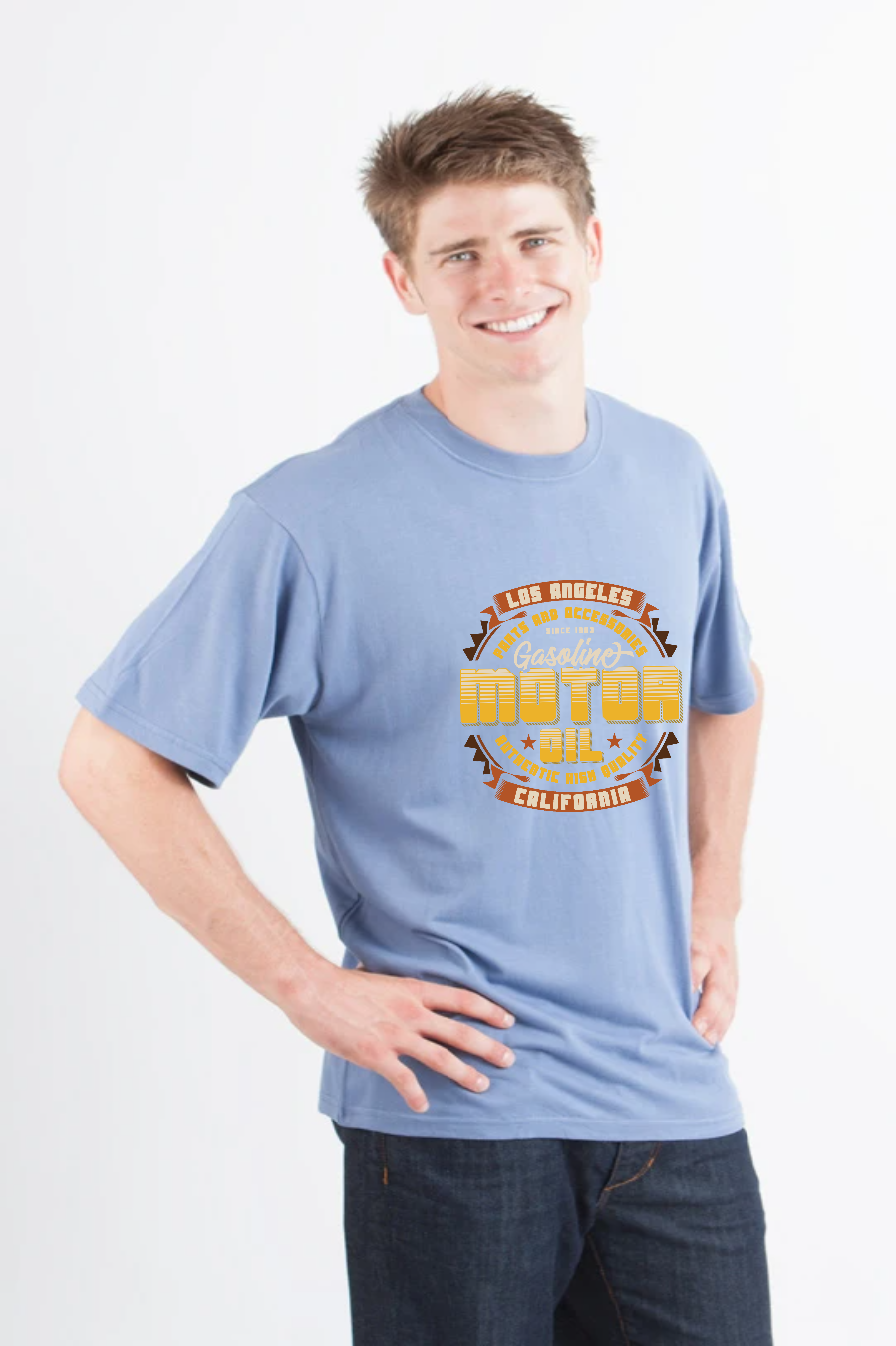 Men's graphic bamboo tee in light blue with retro motor oil circular print Spun Bamboo on Tampa Home & Garden Store