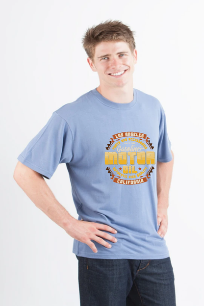 Men's graphic bamboo tee in light blue with retro motor oil circular print Spun Bamboo on Tampa Home & Garden Store