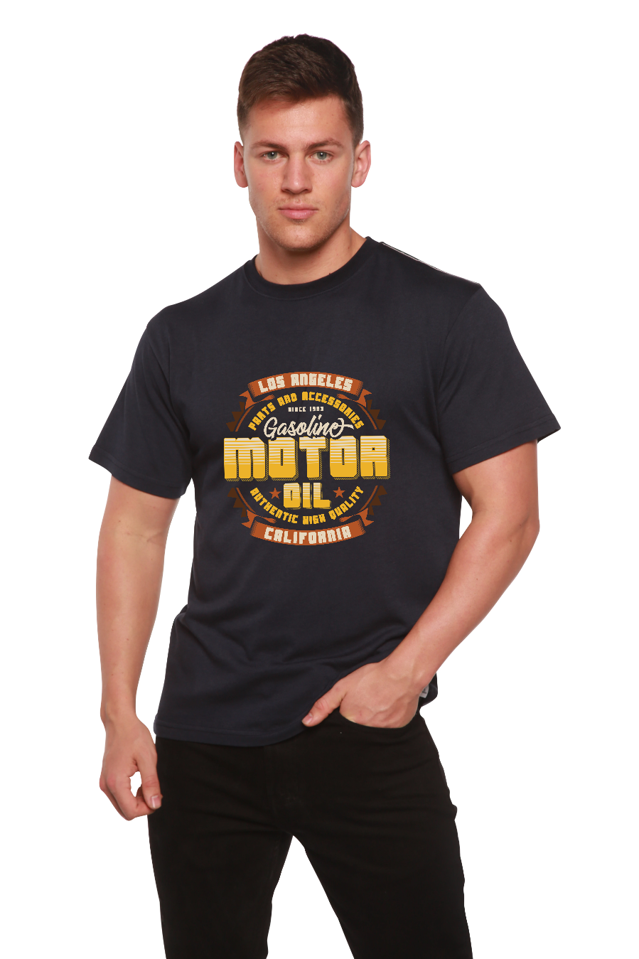 Men's graphic T-shirt with motor oil print by Spun Bamboo bamboo viscose/organic cotton on Tampa Home & Garden Store