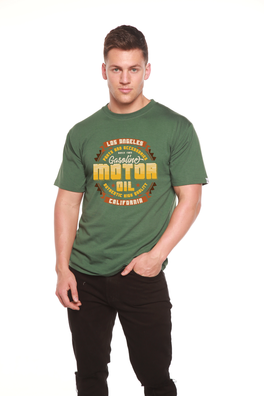 Motor oil men's bamboo viscose/organic cotton short sleeve graphic tee in green by Spun Bamboo on Tampa Home & Garden Store