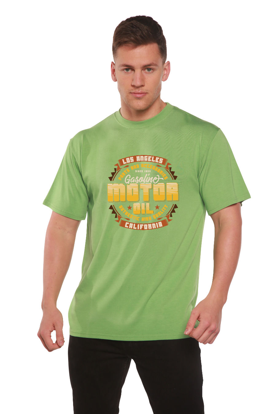Motor oil graphic men's short sleeve t-shirt in lime green bamboo viscose/organic cotton on Tampa Home & Garden Store