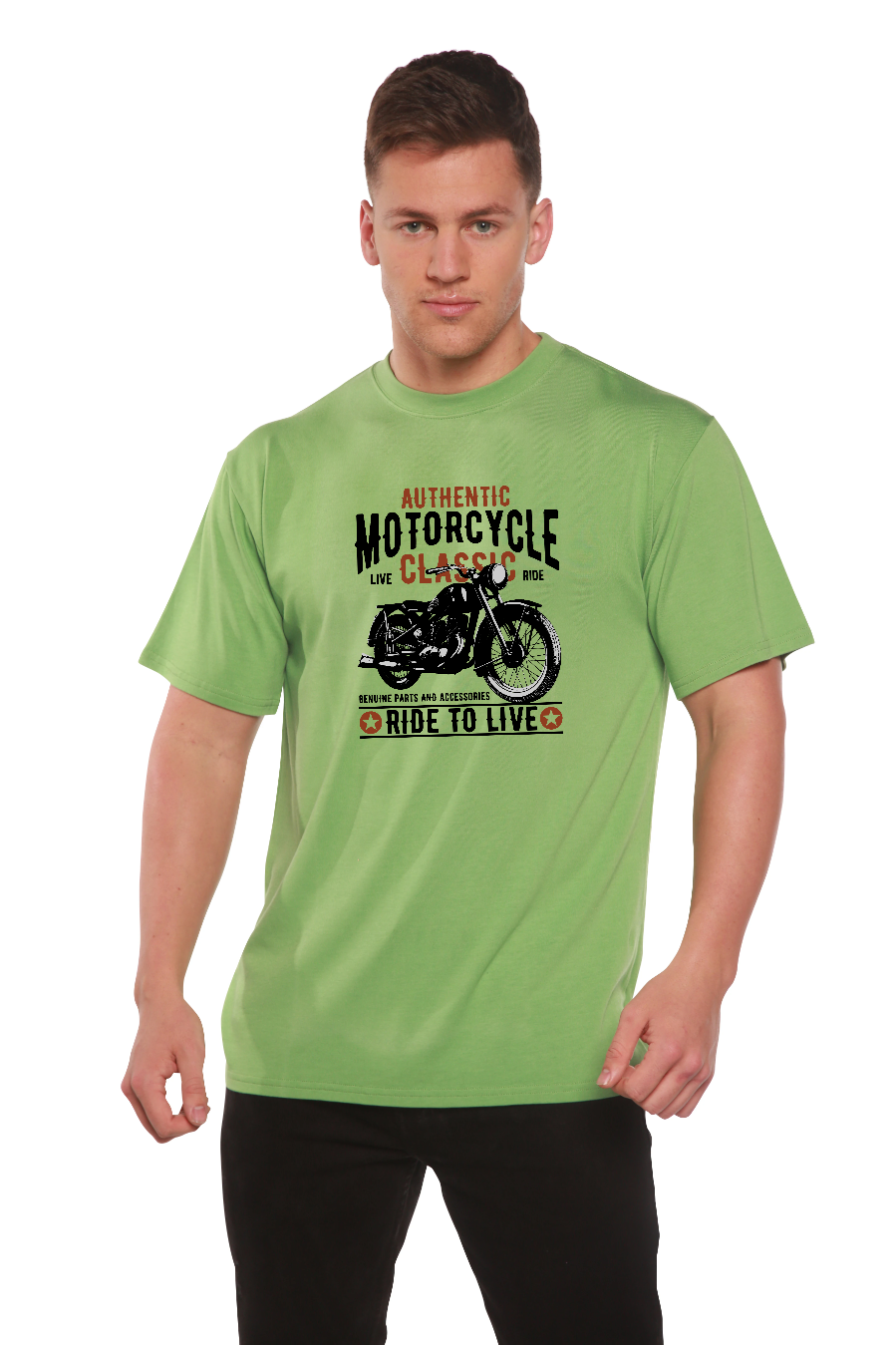Mens graphic T-shirt Spun Bamboo green bamboo viscose/organic cotton with motorcycle print on Tampa Home & Garden Store