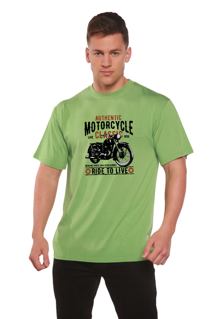 Mens graphic T-shirt Spun Bamboo green bamboo viscose/organic cotton with motorcycle print on Tampa Home & Garden Store