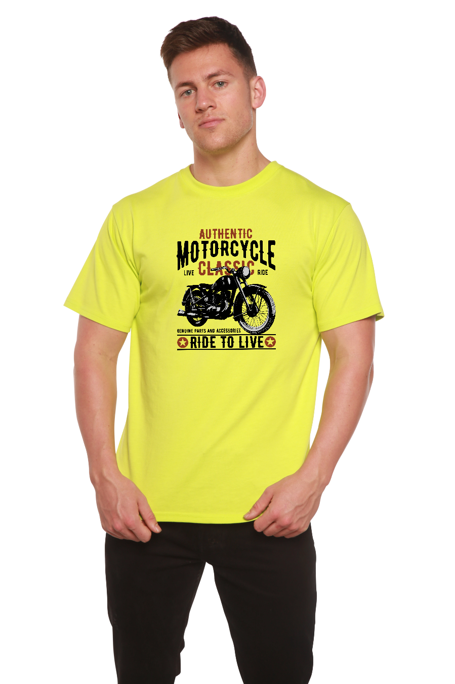 Motorcycle Classic men's graphic tee neon lime yellow bamboo viscose/organic cotton Spun Bamboo on Tampa Home & Garden Store