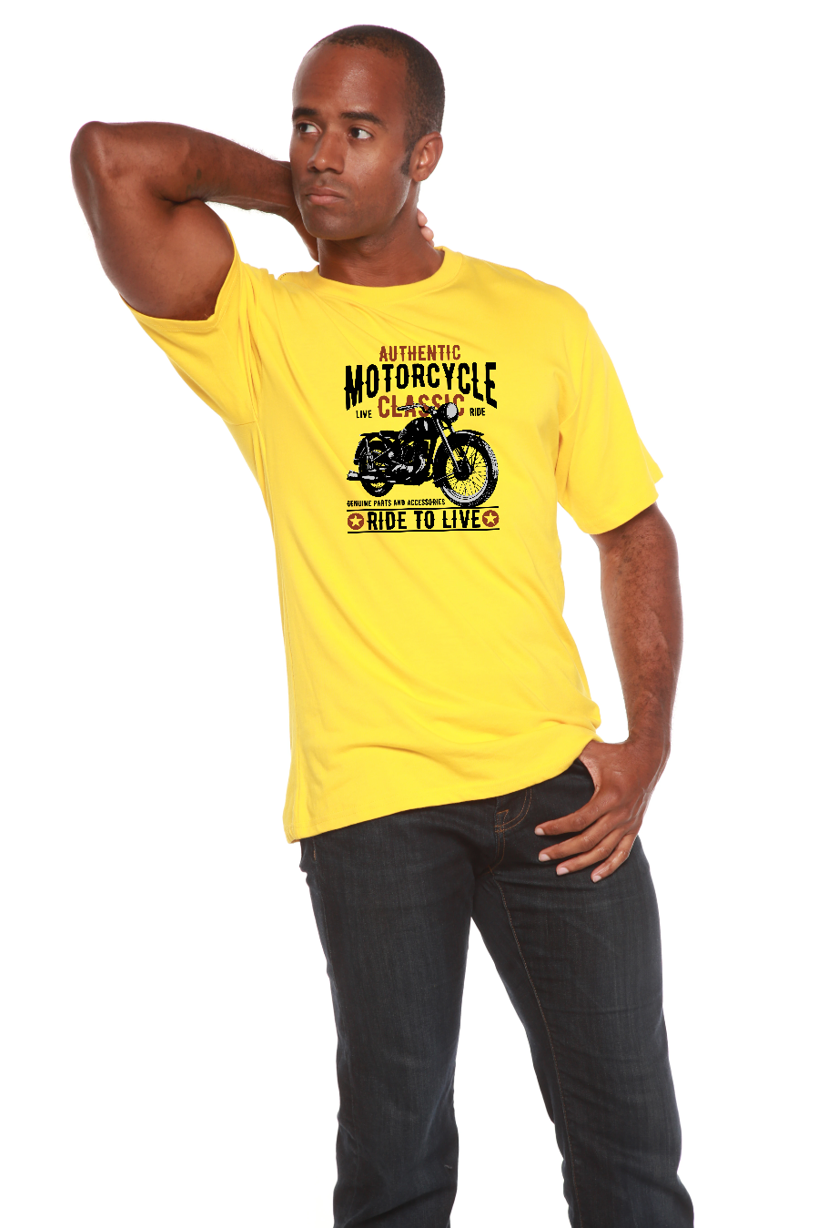 Men's yellow motorcycle graphic tee, bamboo viscose blend, short sleeve Spun Bamboo on Tampa Home & Garden Store