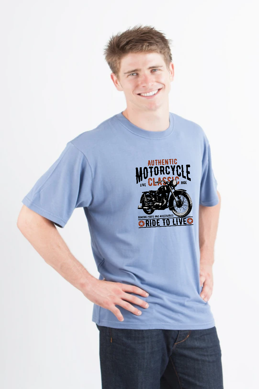Motorcycle Classic Graphic T-Shirt, light blue short sleeve, Spun Bamboo bamboo viscose/organic cotton on Tampa Home & Garden Store
