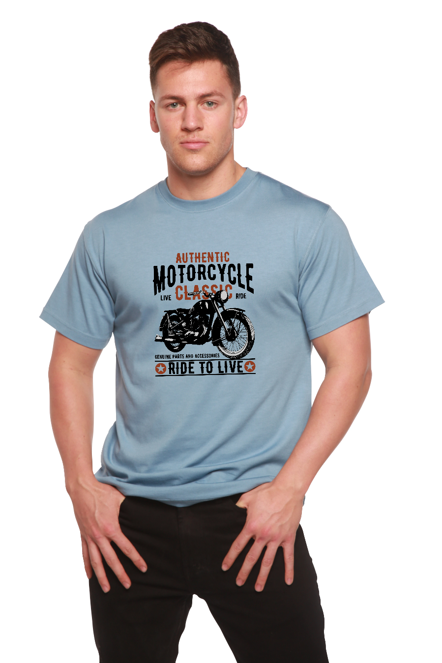 Motorcycle Classic men's graphic T-shirt by Spun Bamboo in light blue bamboo viscose/cotton on Tampa Home & Garden Store
