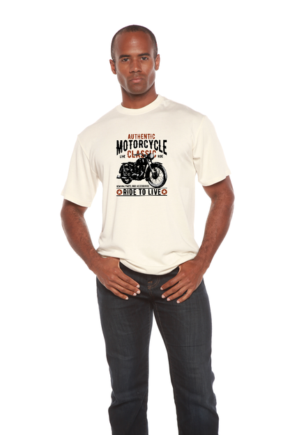 Mens printed T-shirt with motorcycle graphic, cream bamboo viscose/organic cotton on Tampa Home & Garden Store