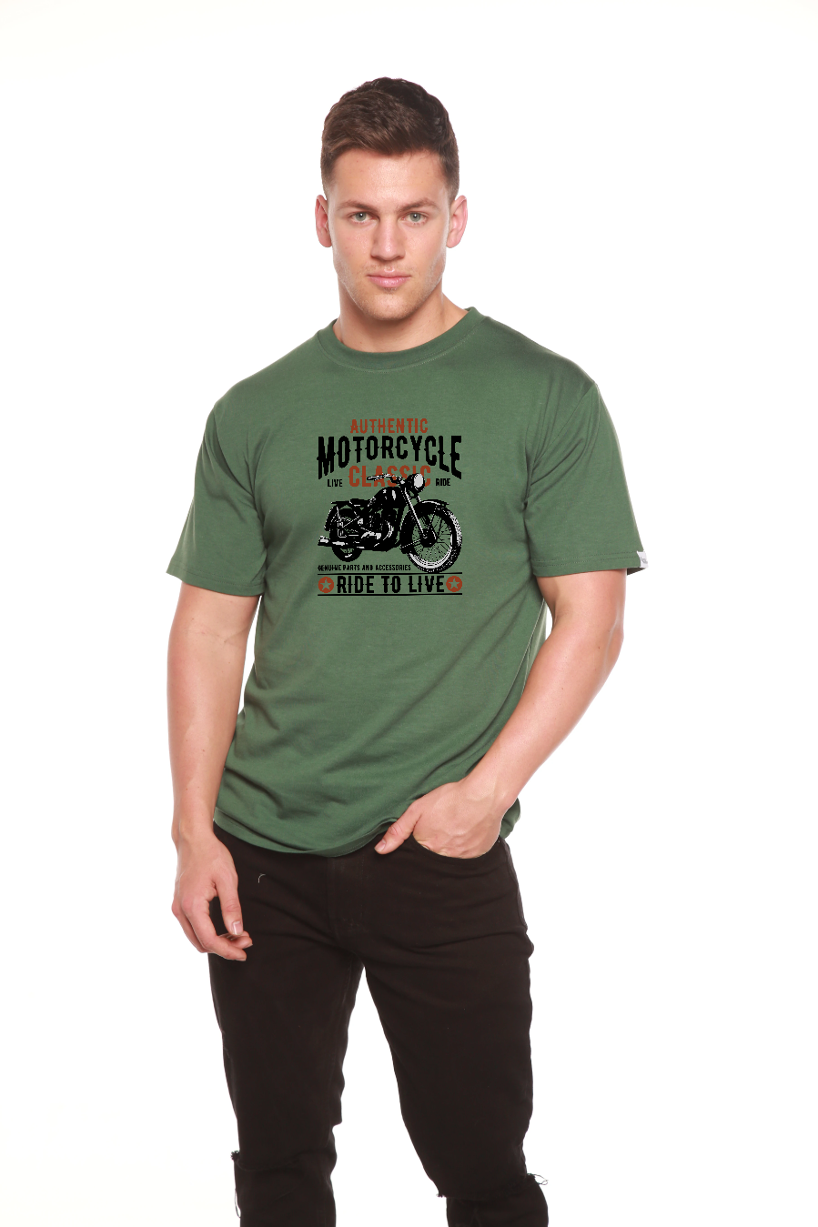 Motorcycle Classic Men's Bamboo T-Shirt olive green with bold graphic by Spun Bamboo on Tampa Home & Garden Store