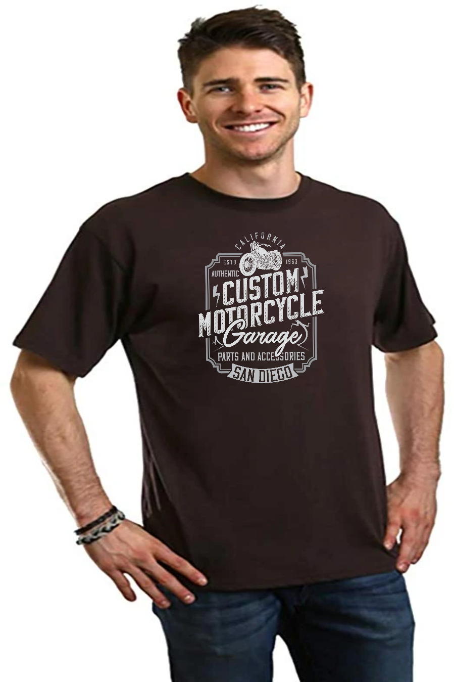Mens brown bamboo viscose/organic cotton graphic T-shirt with motorcycle garage logo on Tampa Home & Garden Store