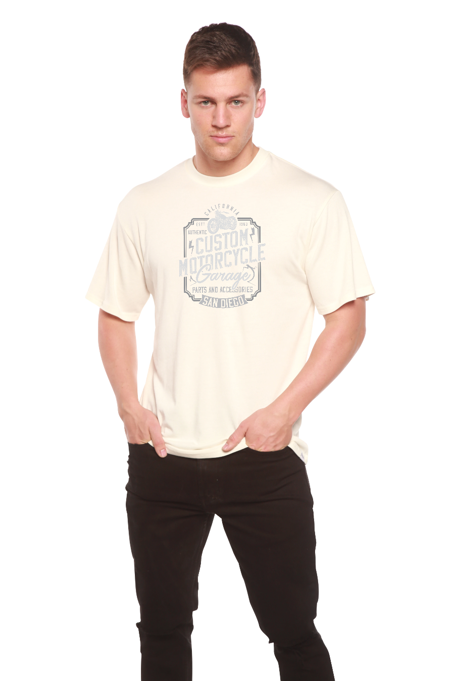 Mens cream bamboo viscose organic cotton T-shirt with motorcycle garage print Spun Bamboo on Tampa Home & Garden Store