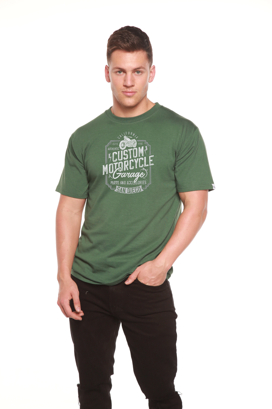 Men's Spun Bamboo olive green short sleeve graphic T-shirt with motorcycle garage print on Tampa Home & Garden Store