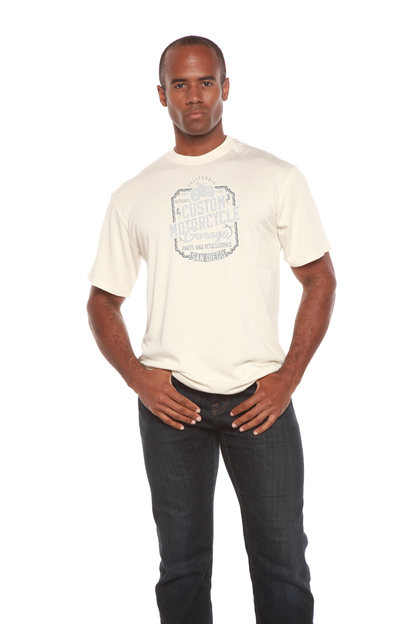 Mototrcycle Garage men's bamboo viscose/organic cotton sleeve graphic tee Spun Bamboo cream on Tampa Home & Garden Store