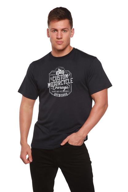 Mototrcycle Garage men's graphic tee navy Spun Bamboo bamboo viscose/organic cotton short sleeve shirt on Tampa Home & Garden Store