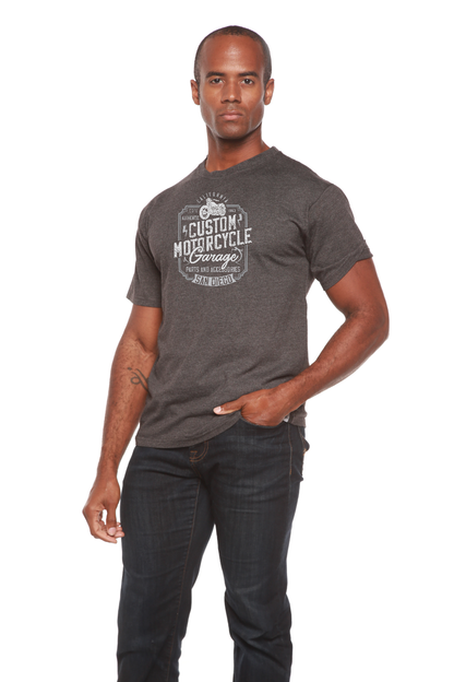 Spun Bamboo men's graphic T-shirt in dark gray with Custom Motorcycle Garage print on Tampa Home & Garden Store
