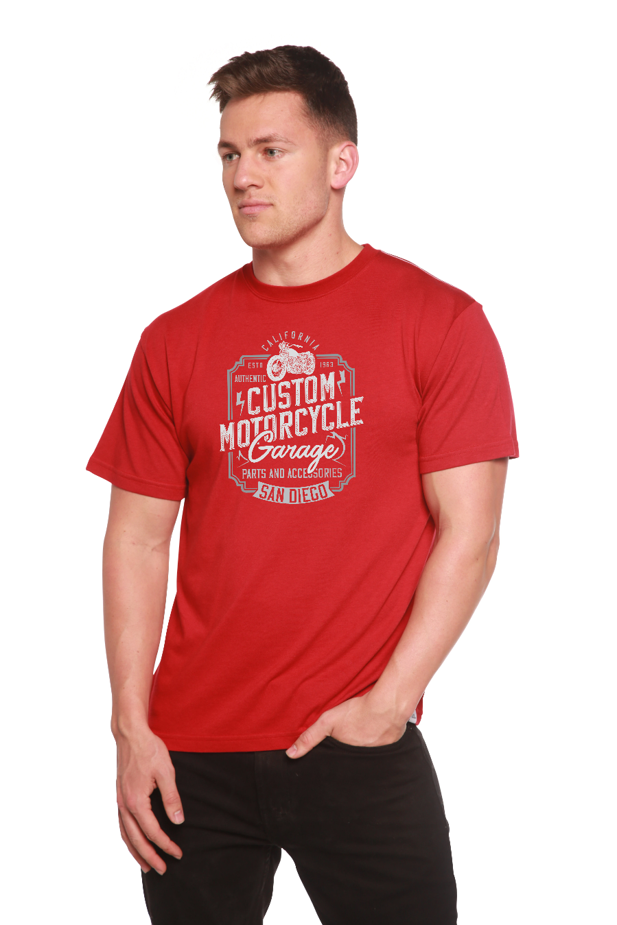 Mototrcycle Garage men's red bamboo viscose/organic cotton graphic T-shirt by Spun Bamboo on Tampa Home & Garden Store