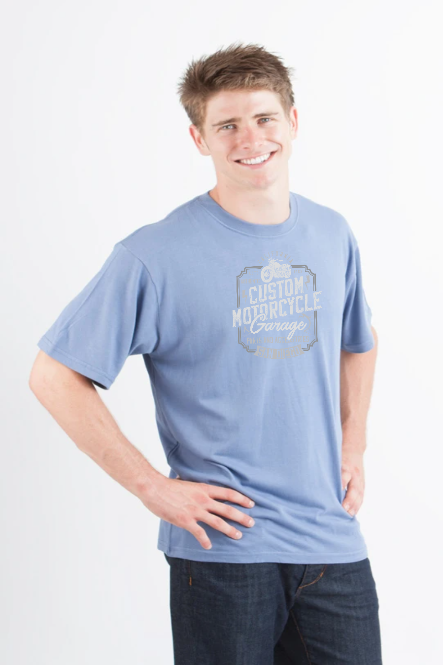 Men's T-shirt in light blue bamboo viscose/organic cotton with motorcycle garage graphic on Tampa Home & Garden Store