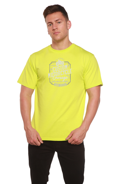 Spun Bamboo Mototrcycle Garage men's graphic tee neon lime yellow bamboo viscose cotton on Tampa Home & Garden Store