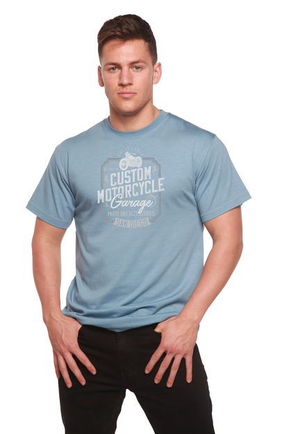 Blue Spun Bamboo T-shirt with motorcycle garage print; bamboo viscose/organic cotton on Tampa Home & Garden Store