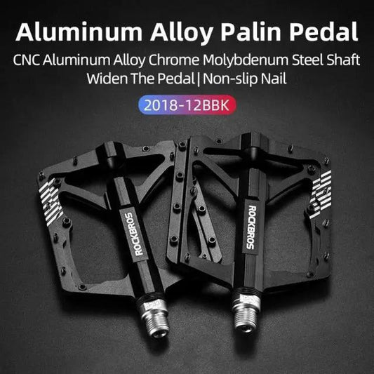 Flat MTB bike pedals pair by Rockbros, black aluminum alloy, 4 bearings, CNC platform on Tampa Home & Garden Store