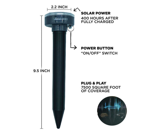 Thunder Acres Ultrasonic Rodent Repeller stake, black plastic with solar top on Tampa Home & Garden Store