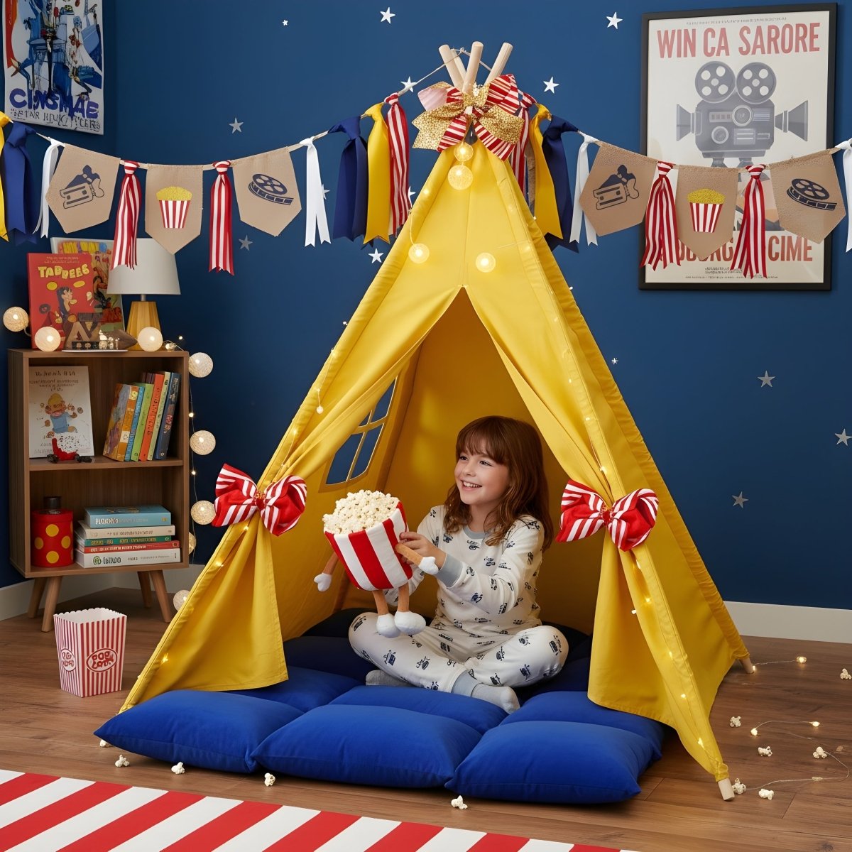Movie Night Kids Tent Gift Set yellow teepee with blue cushions child enjoying popcorn on Tampa Home & Garden Store